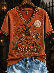 Women's Yorkies Because People Are Creepy Fall Witch & Dogs Print short-sleeved T-shirt gracestitchs