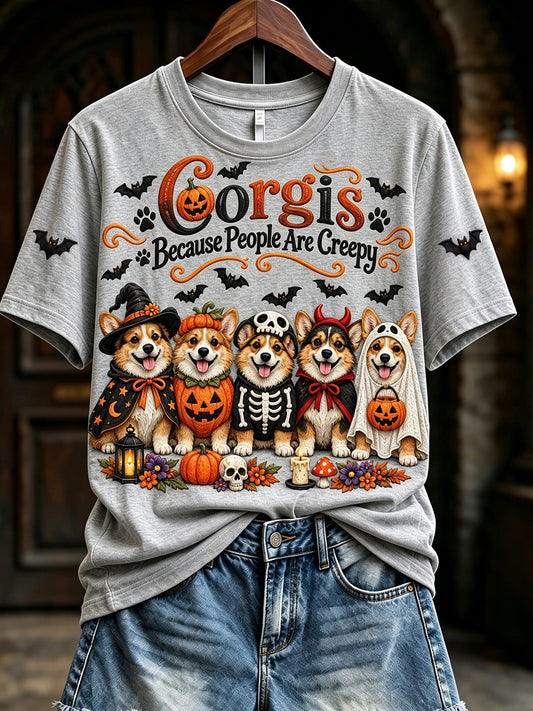 Women's Vintage Corgis Because People Are Creepy Halloween Print Short-sleeved T-shirt gracestitchs