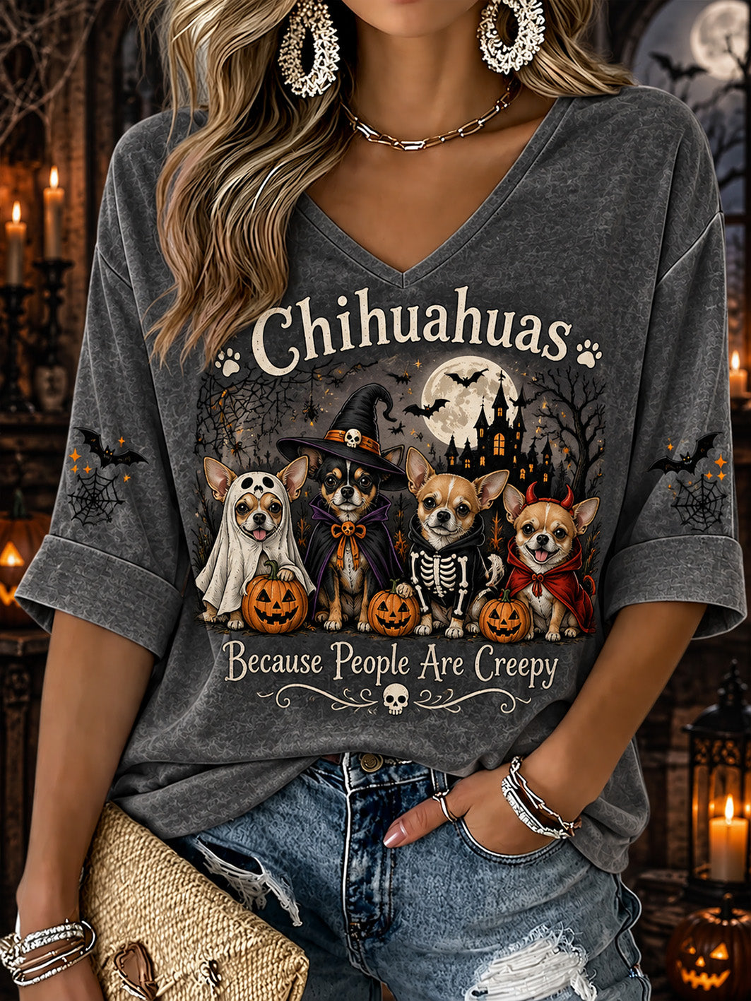 Women's  Halloween Costume Dog Pattern Design Casual Mid-length Sleeves V-Neck T-Shirt gracestitchs