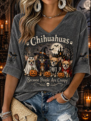 Women's  Halloween Costume Dog Pattern Design Casual Mid-length Sleeves V-Neck T-Shirt gracestitchs