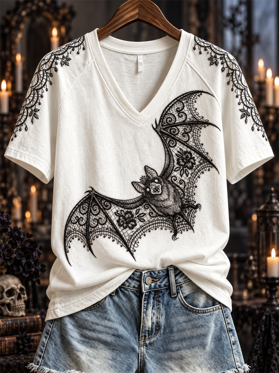 Women's Halloween Gothic Lace Bat Art Print short-sleeved T-shirt gracestitchs