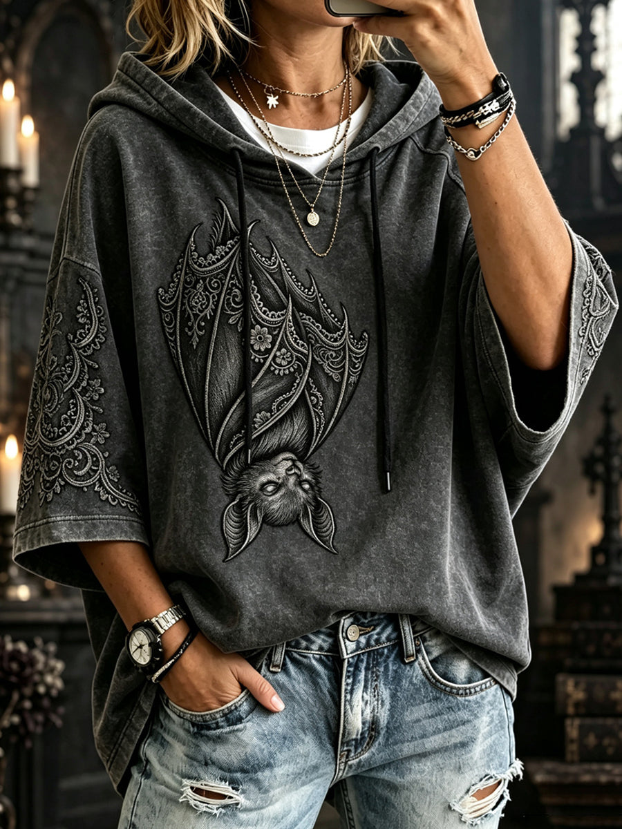 Women's Halloween Gothic Lace Bat Art Print Mid Sleeve Hoodie gracestitchs