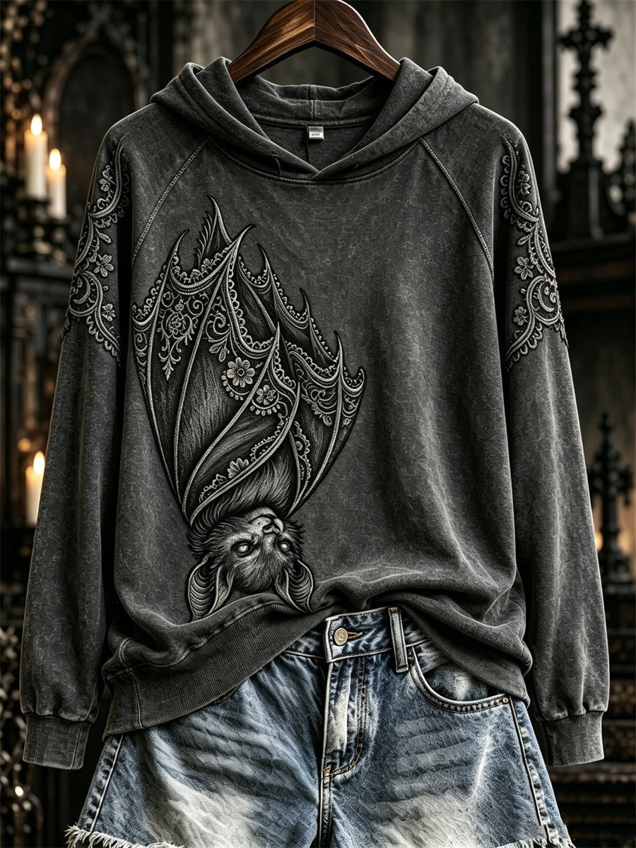 Women's Halloween Gothic Lace Bat Art Print Hoodie gracestitchs