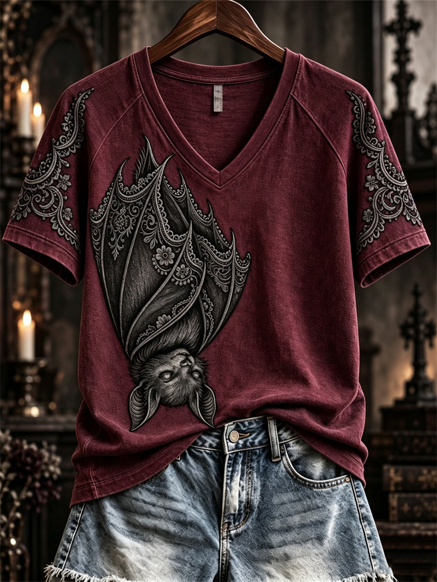 Women's Halloween Gothic Lace Bat Art Print short-sleeved T-shirt gracestitchs