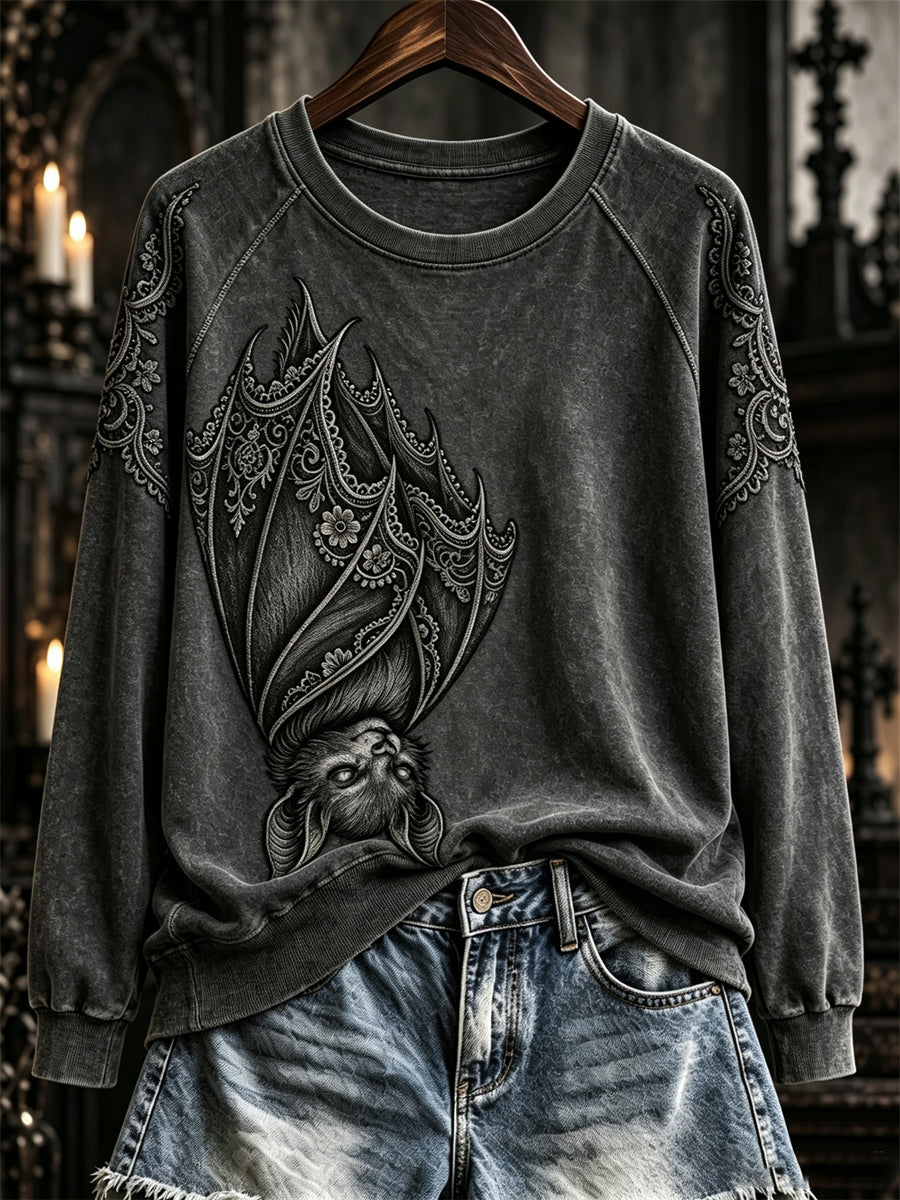 Women's Halloween Gothic Lace Bat Art Print raglan sleeve sweatshirt gracestitchs