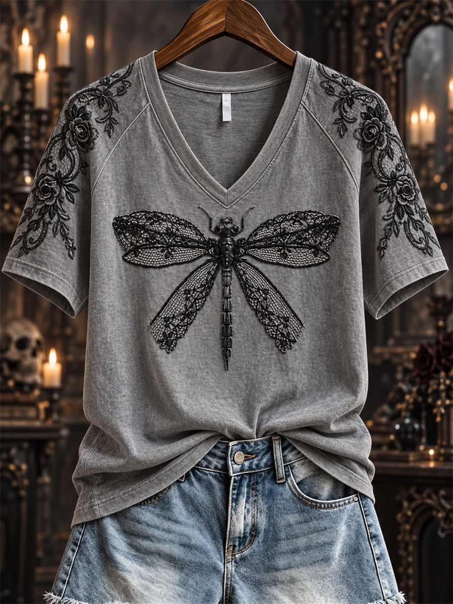 Women's Halloween Gothic Lace Dragonfly Art Print short-sleeved T-shirt gracestitchs