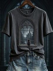 Women's Halloween Scene Gothic Window & Black Cat Print short-sleeved T-shirt gracestitchs