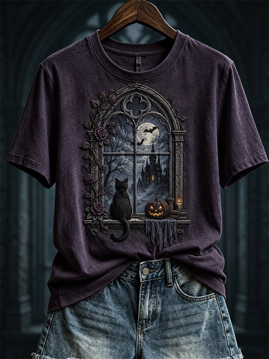 Women's Halloween Scene Gothic Window & Black Cat Print short-sleeved T-shirt gracestitchs
