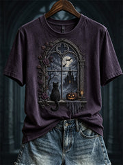 Women's Halloween Scene Gothic Window & Black Cat Print short-sleeved T-shirt gracestitchs