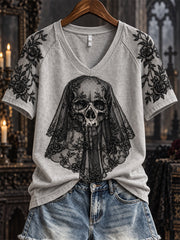 Women's Halloween Gothic Floral Lace Veiled Skull Art Print short-sleeved T-shirt gracestitchs