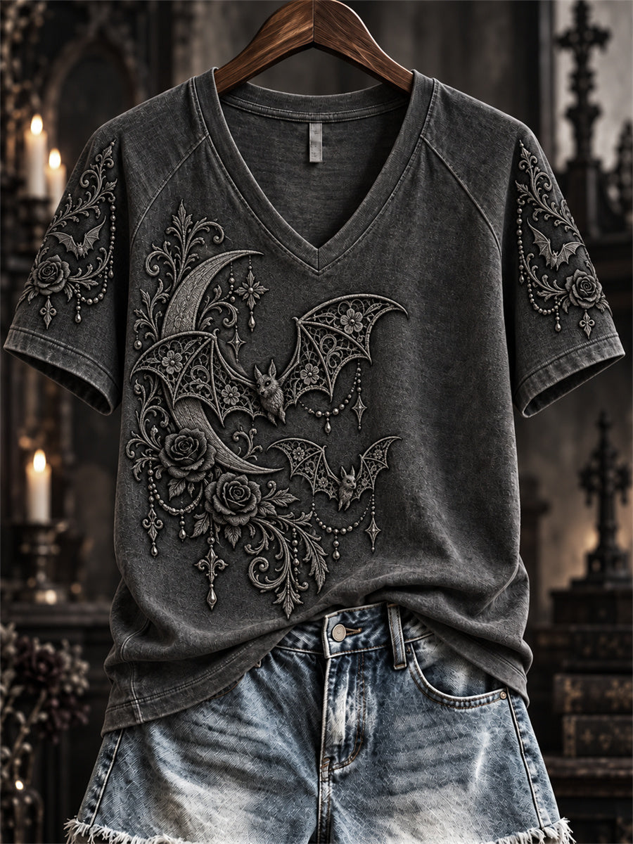 Women's Halloween Gothic Lace Bat Art Print short-sleeved T-shirt gracestitchs