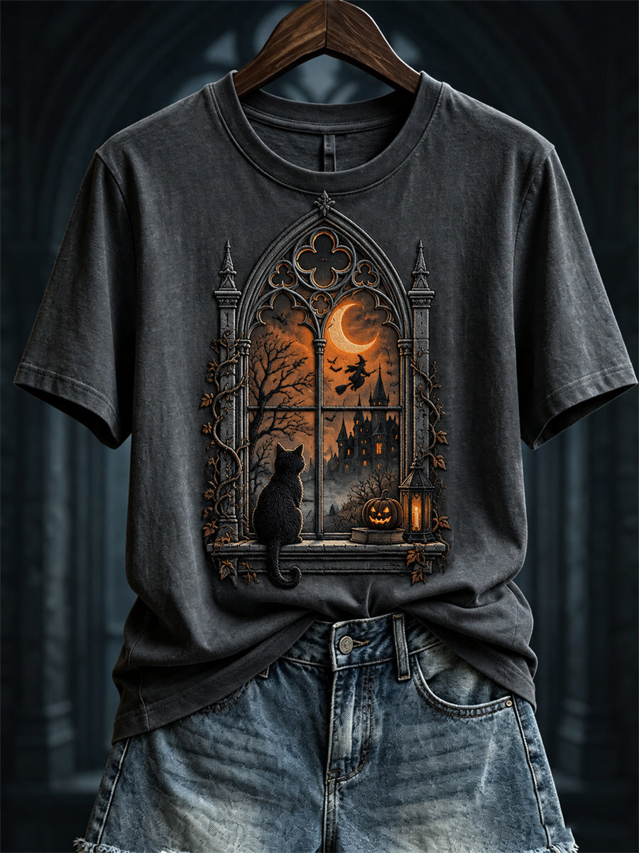 Women's Halloween Scene Gothic Window & Black Cat Print short-sleeved T-shirt gracestitchs
