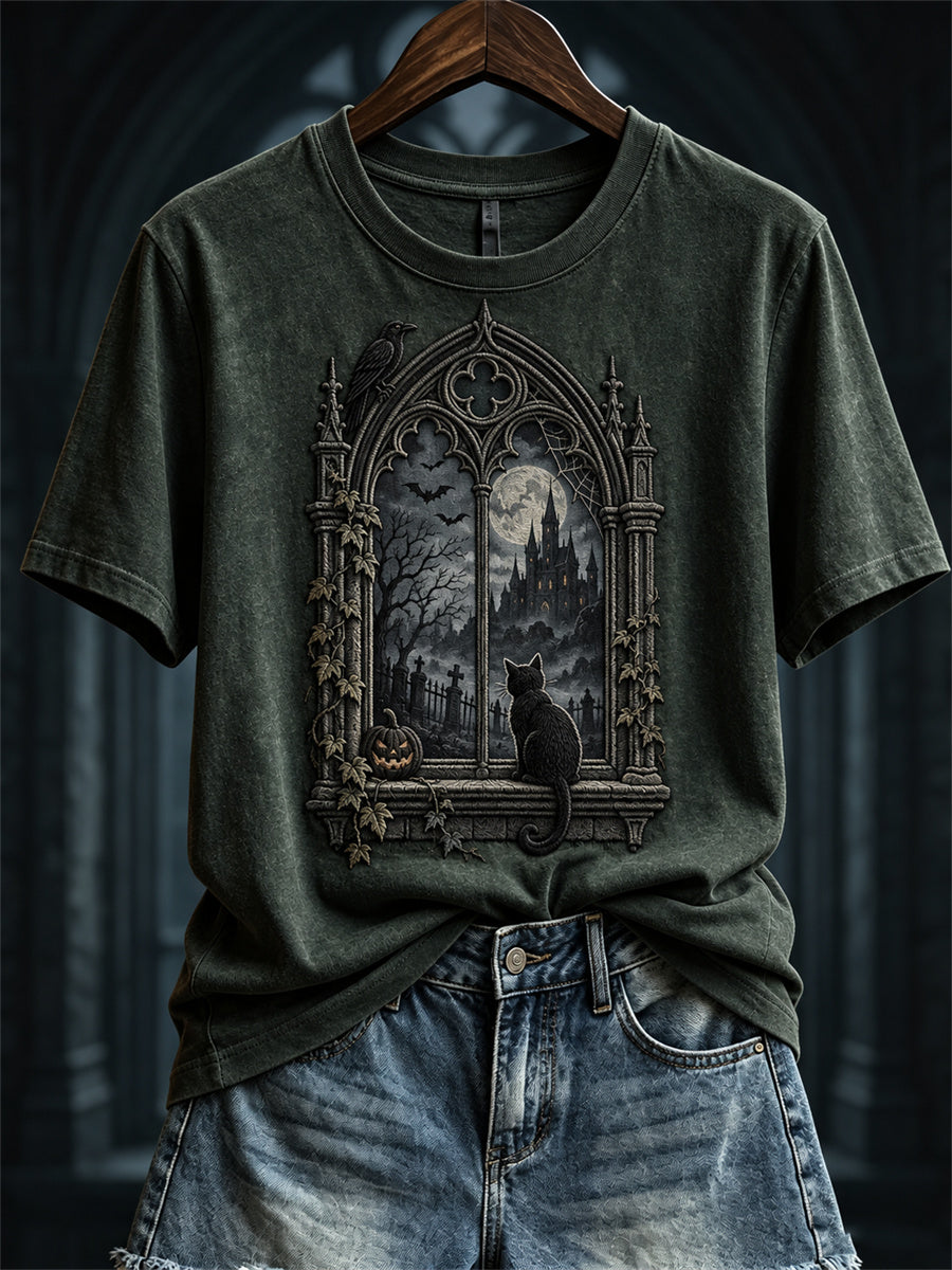 Women's Halloween Scene Gothic Window & Black Cat Print short-sleeved T-shirt gracestitchs