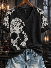 Women's Halloween Gothic Floral Lace Skull Art Print short-sleeved T-shirt gracestitchs