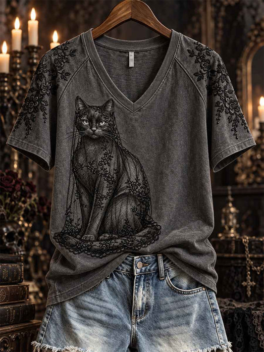 Women's Halloween Gothic Lace Veiled Black Cat Art Print short-sleeved T-shirt