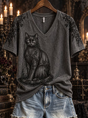 Women's Halloween Gothic Lace Veiled Black Cat Art Print short-sleeved T-shirt gracestitchs