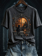 Women's Halloween Scene Gothic Window & Black Cat Print short-sleeved T-shirt gracestitchs