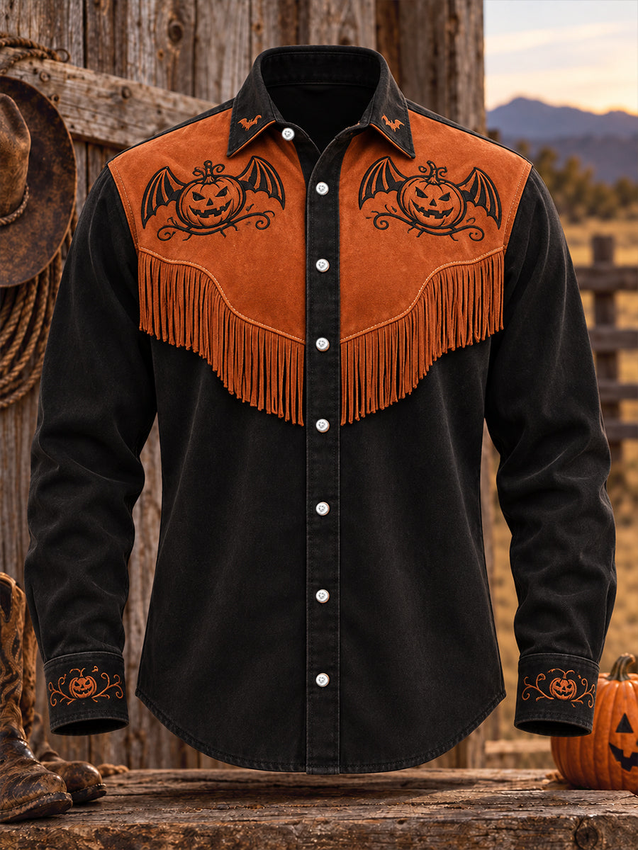 Men's Western Halloween Art Horses Cows Printed Shirt gracestitchs