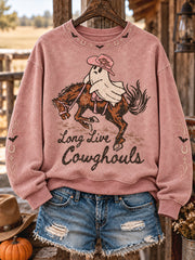 Women's Western Halloween Art Horses Cows Printed Sweatshirt gracestitchs