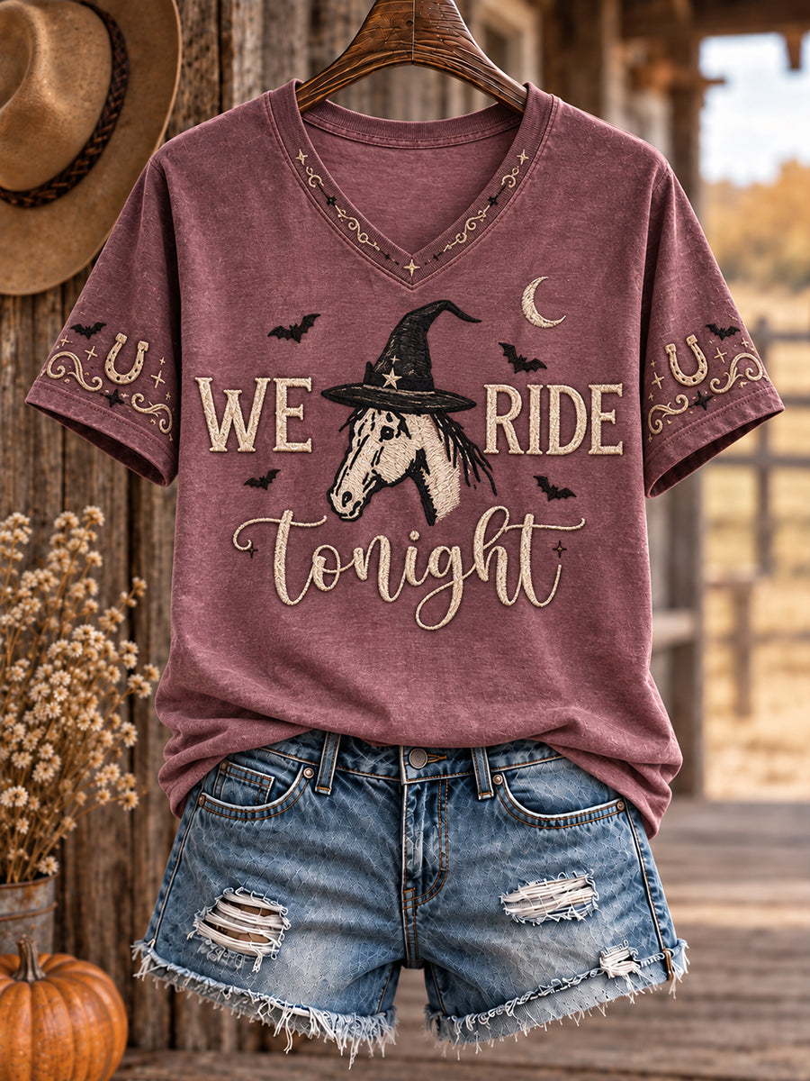Women's Western Halloween Art Horses Cows Printed T-shirt gracestitchs