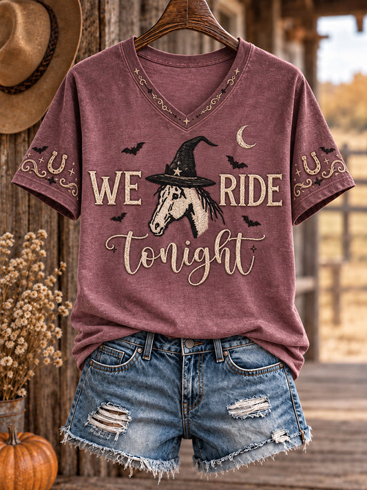 Women's Western Halloween Art Horses Cows Printed T-shirt gracestitchs