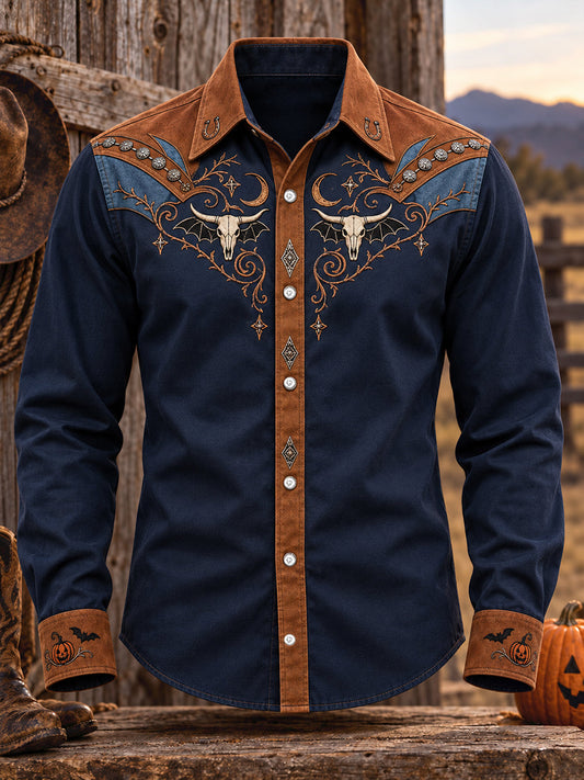 Men's Western Halloween Art Horses Cows Printed Shirt gracestitchs