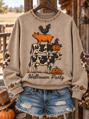 Women's Western Halloween Art Horses Cows Printed Sweatshirt gracestitchs