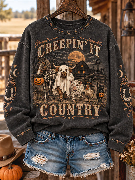 Women's Western Halloween Art Horses Cows Printed Sweatshirt gracestitchs