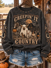 Women's Western Halloween Art Horses Cows Printed Sweatshirt gracestitchs