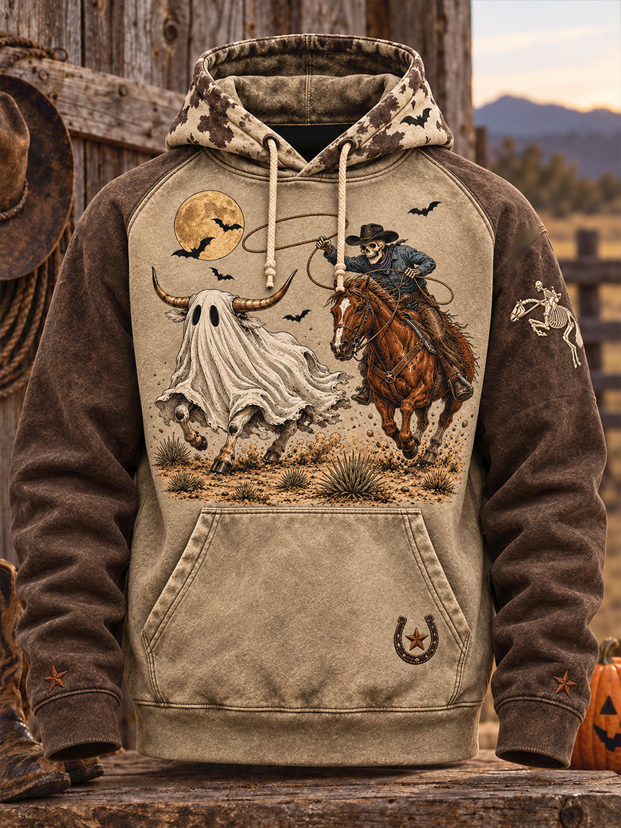 Men's Western Halloween Art Horses Cows Printed Hoodie gracestitchs