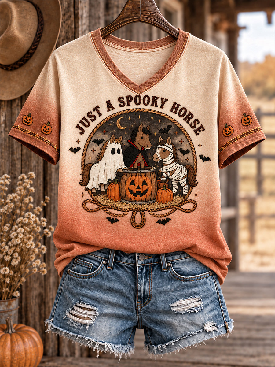 Women's Western Halloween Art Horses Cows Printed T-shirt gracestitchs