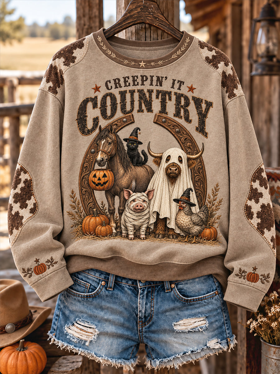 Women's Western Halloween Art Horses Cows Printed Sweatshirt gracestitchs