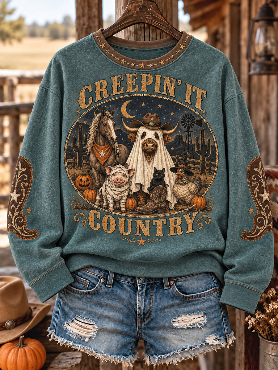 Women's Western Halloween Art Horses Cows Printed Sweatshirt gracestitchs