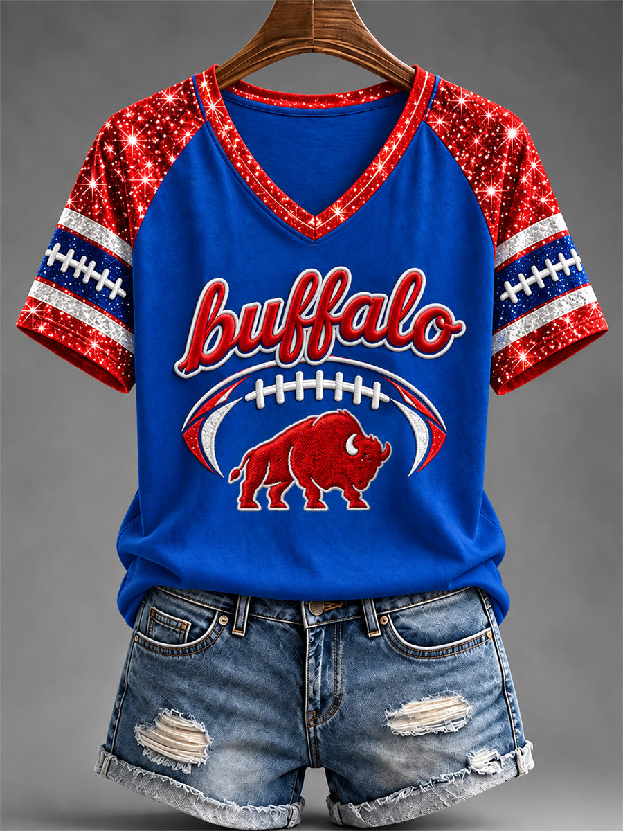 Women's Football Lover Buffalo Print Casual V-Neck Tee gracestitchs