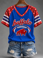 Women's Football Lover Buffalo Print Casual V-Neck Tee gracestitchs