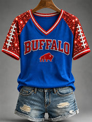Women's Football Lover Buffalo Print Casual V-Neck Tee gracestitchs