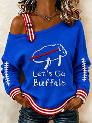 Women's Let's Go Buffalo Football Fans Lovers Gameday Casual Off-Shoulder Sweatshirt gracestitchs