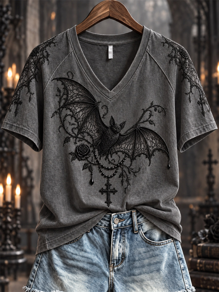 Women's Halloween Gothic Lace Bat & Cross Pendant Print short-sleeved T-shirt gracestitchs