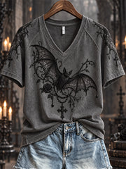 Women's Halloween Gothic Lace Bat & Cross Pendant Print short-sleeved T-shirt gracestitchs