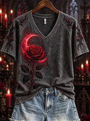 Women's Halloween Gothic Bloody Rose & Thorns Crescent Print short-sleeved T-shirt gracestitchs