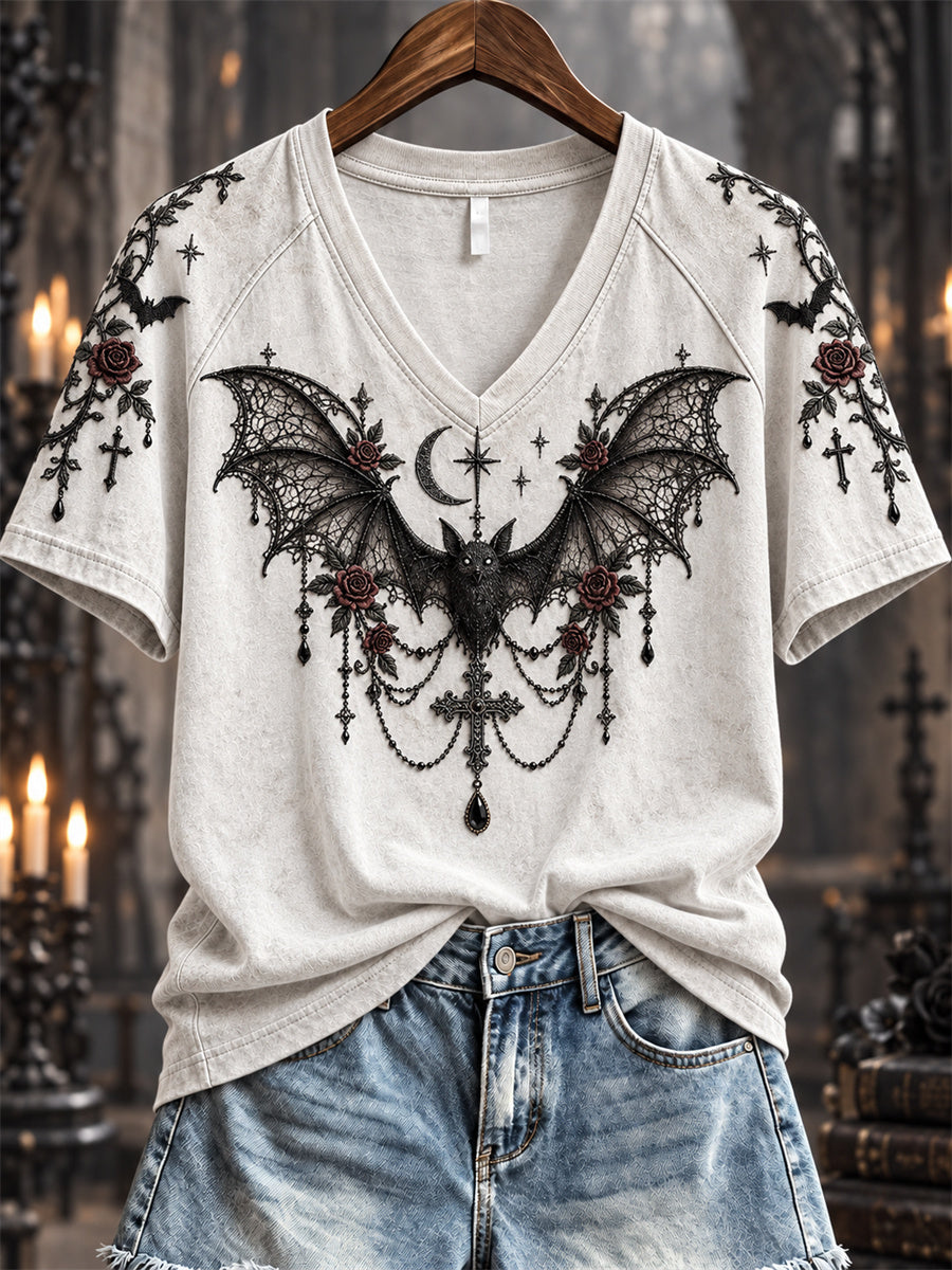 Women's Halloween Gothic Lace Bat & Cross Pendant Print short-sleeved T-shirt gracestitchs