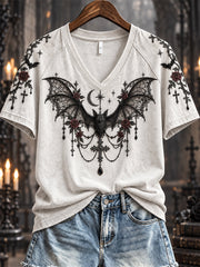 Women's Halloween Gothic Lace Bat & Cross Pendant Print short-sleeved T-shirt gracestitchs
