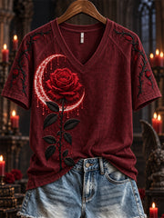 Women's Halloween Gothic Bloody Rose & Thorns Crescent Print short-sleeved T-shirt gracestitchs