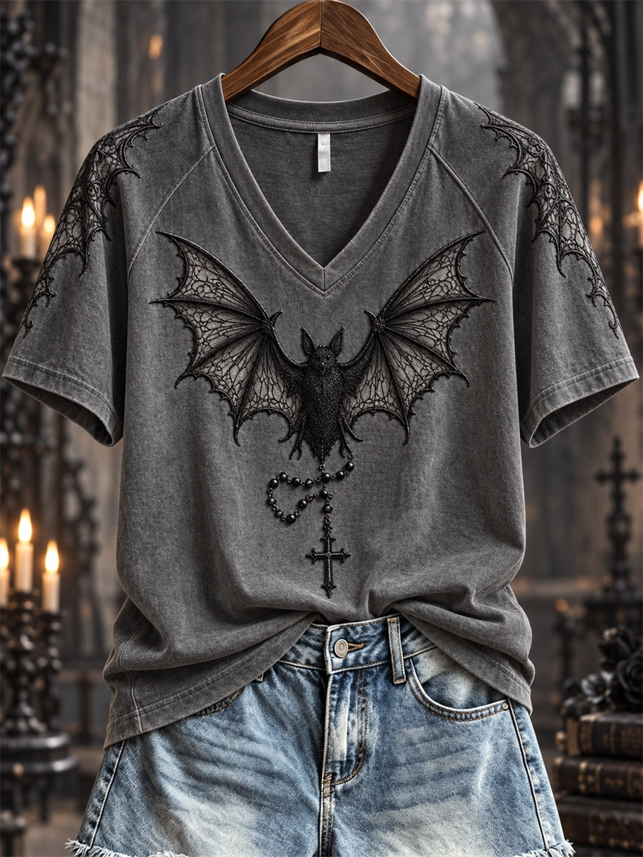 Women's Halloween Gothic Lace Bat & Cross Pendant Print short-sleeved T-shirt gracestitchs