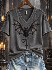 Women's Halloween Gothic Lace Bat & Cross Pendant Print short-sleeved T-shirt gracestitchs