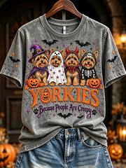 Women's Vintage Halloween Yorkires Because People Are Creepy Print Short-sleeved T-shirt gracestitchs