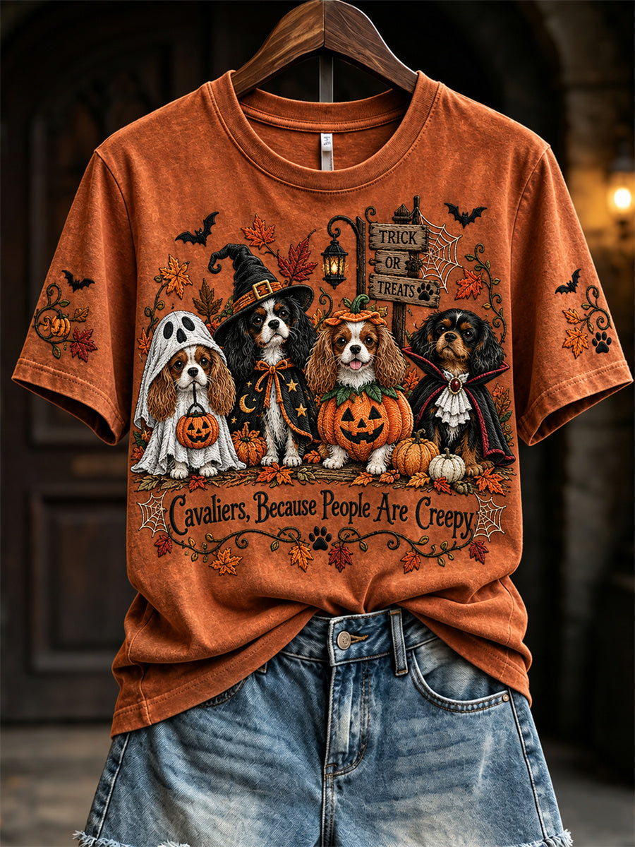 Women's Cavaliers Because People Are Creepy Fall Halloween Dogs Print short-sleeved T-shirt gracestitchs