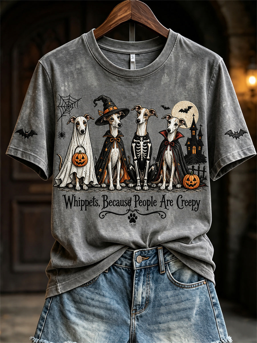 Women's Whippets Because People Are Creepy Halloween Dogs Print short-sleeved T-shirt gracestitchs
