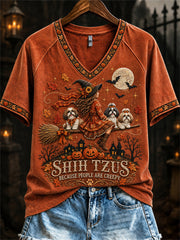 Women's Shih Tzus Because People Are Creepy Fall Witch & Dogs Print short-sleeved T-shirt gracestitchs