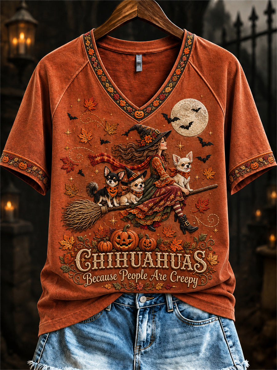 Women's Chihuahuas Because People Are Creepy Fall Witch & Dogs Print short-sleeved T-shirt gracestitchs